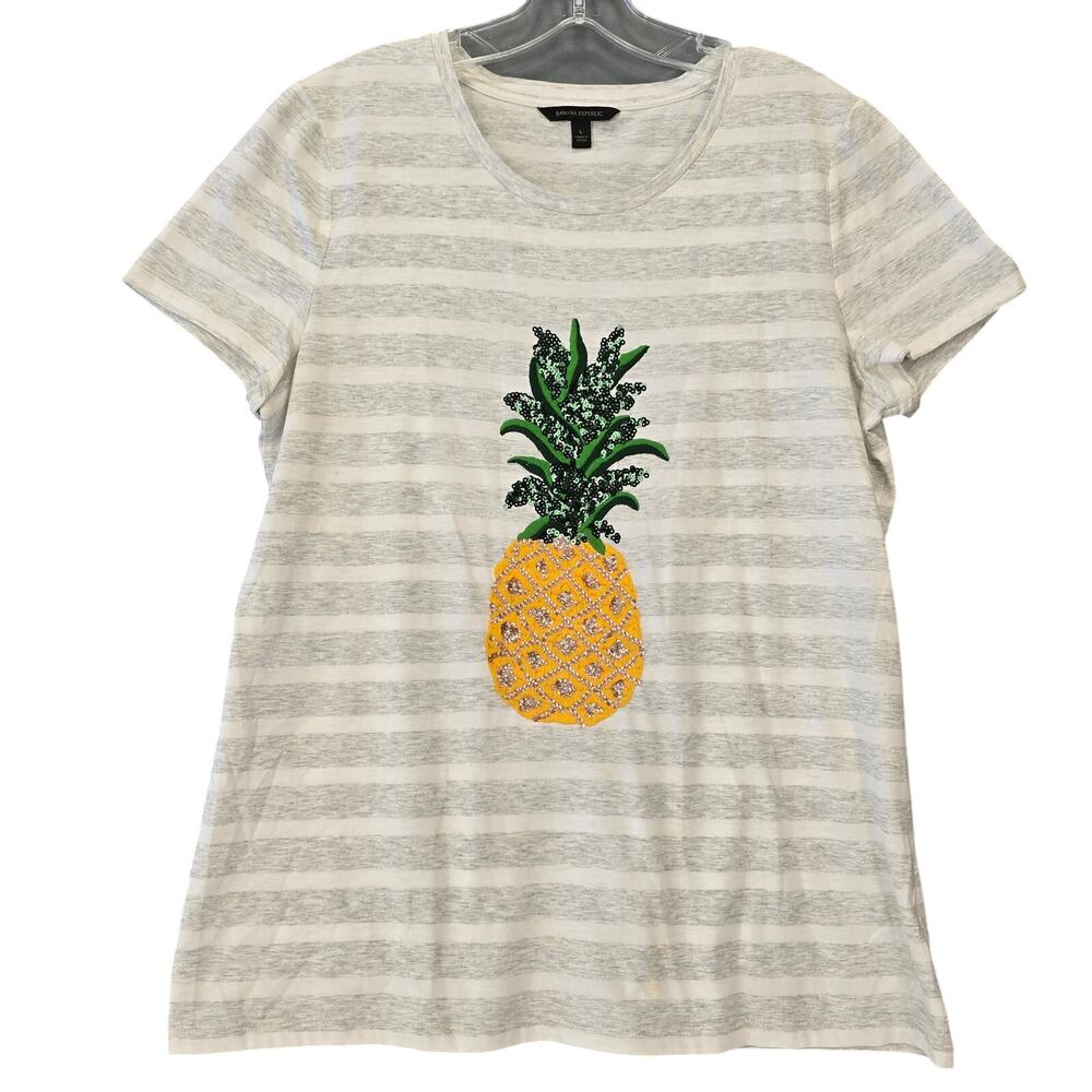 Banana Republic Gray White Striped Shirt Sequin Pineapple Top Women's Size L Top